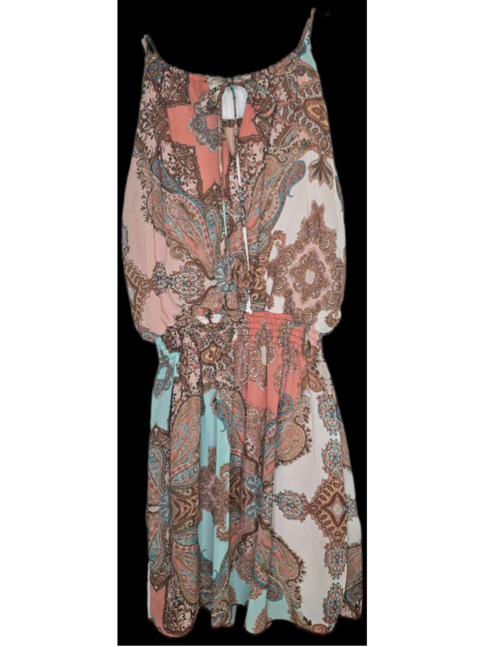 Sweet Storm Paisley Halter Dress Junior’s Medium Smocked Waist Boho Summer Peach